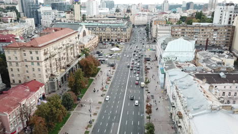 4K-Aerial-drone-footage-of-Kiev's-most-famous-street,-Khreschatyk-on-a-summer-afternoon-before-the-Russian-occupation