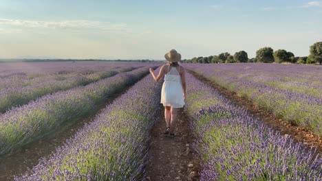 Close-up-of-blonde-rural-country-girl-in-white-dress-walking-back-to-camera-through-lavender-field-in-Spain
