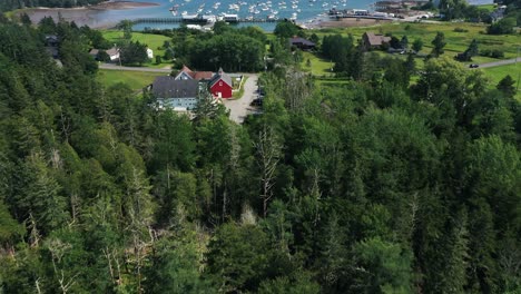 Beautiful-aerial-birds-eye-view-of-coastal-scenery-and-marine-activities-around-Maine,-USA