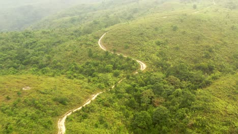 White-gravel-road-among-the-green-nature-of-Ling-Wui-Shan-hill-in-Hong-Kong-Mountains-in-China-on-a-foggy-summer-morning