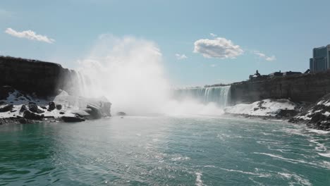 Niagara-falls-in-early-spring,-Drone,-flying-close-to-the-water-level,-in-4k