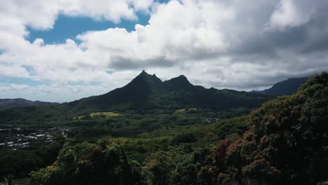 Aerial-through-trees-opening-beautiful-scenery,-mountain-landscape-of-Hawaii