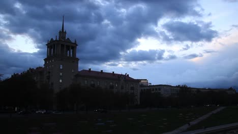 Dark-Clouds-Over-Stalinist-Soviet-Architecture-in-the-Capital-City-Vilnius,-Lithuania,-Baltic-States,-Europe