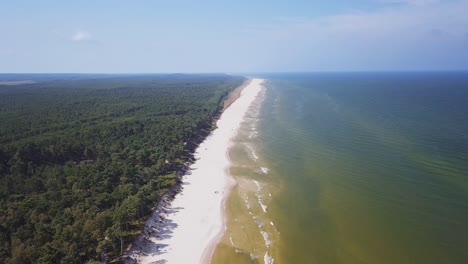 Drone-footage-of-a-sandy-beach,-sunny-summer-day,-Baltic-Sea,-Poland,-Lubiatowo