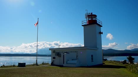 Lighthouse-on-west-coast-Island-Sointulia-with-Canadian-flag