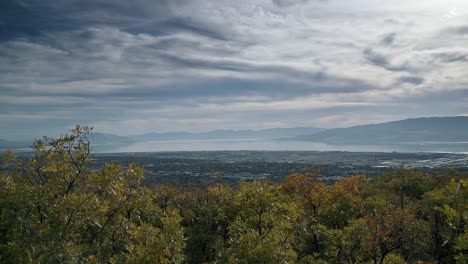 Beautiful-view-of-Utah-valley-and-Utah-lake-during-a-sunny-fall-day-with-colored-leaves