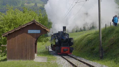 Steam-locomotive-and-railway-carriages-closing-in-and-passing-small-train-station-Blonay-Chamby-museum-track,-Switzerland