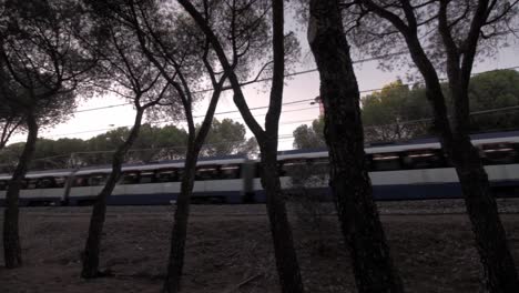 Madrid-underground-train,-Metro,-Line-10-going-overground-through-Casa-de-Campo