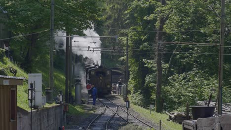 Two-steam-locomotives-waiting-on-sidings-Blonay-Chamby-museum-track,-Switzerland