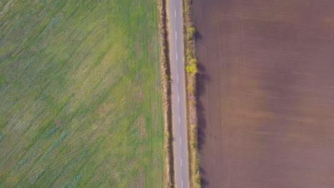 Flying-over-a-road-in-a-rural-with-trees-looking-down-from-a-drone