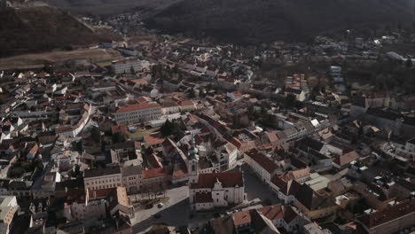 Aerial-shot-of-flying-above-Hainburg-town-in-Austria-on-sunny-day