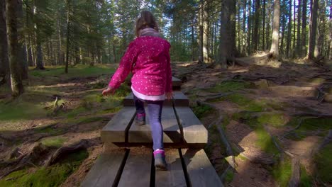 Little-girl-hiking-on-footbridge-through-woods,-facing-away,-lost-in-forest-concept