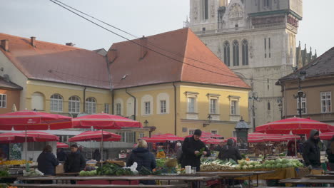 Wide-angle-shot-of-a-traditional-fruits-and-vegetables-market-in-Zagreb,-Croatia