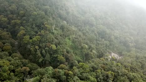 Drone-rising-into-the-clouds-over-the-rainforest-in-Java,-Indonesia