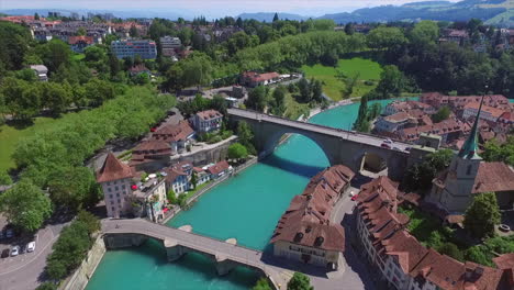 Aerial-view-with-the-drone-of-the-ancient-city-Bern-in-Switzerland-with-river