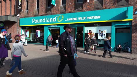 The-Poundland-Store-on-the-main-high-street,-city-centre-of-Hanley,-bargain-discount-store-selling-cheap-products-and-household-essentials
