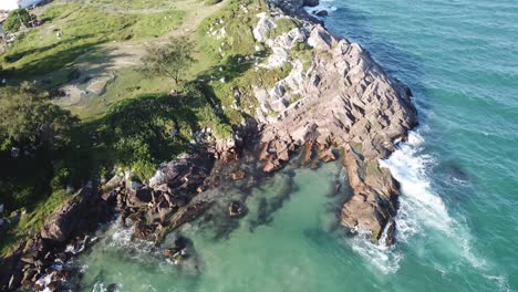 Luftaufnahmen-Der-Wunderschönen-Felsen-Und-Des-Sonnenstrandes-Von-Armação-In-Florianópolis,-Brasilien