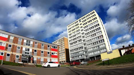 High-rise-tower-blocks,-flats-built-in-the-city-of-Stoke-on-Trent-to-accommodate-the-increasing-population,-housing-crisis-and-over-crowding