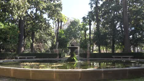 Panoramic-view-of-an-old-fountain-in-a-romantic-park-surrounded-by-trees