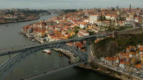 Aerial-view-of-the-Dom-Luis-Bridge,-Porto,-Portugal