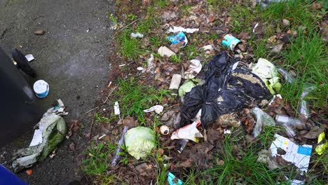 Schmutzige-Windeln-Und-Abfall-Nach-Dem-Fliegenkippen,-Mülldeponie,-Gefährlicher-Abfall,-Littering,-Fliegenkippen-In-Stoke-On-Trent,-Einem-Der-ärmsten-Gebiete-Englands