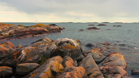 Red-moss-on-island-rocks-summertime-with-sea-waves-in-Sweden