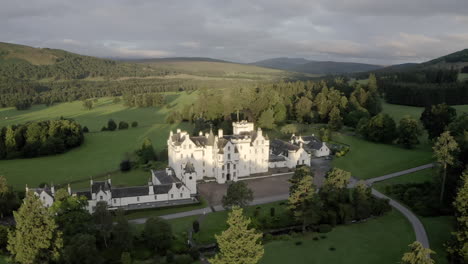 An-aerial-view-of-Blair-Castle-at-dawn,-near-Blair-Atholl-in-Perthshire,-Scotland