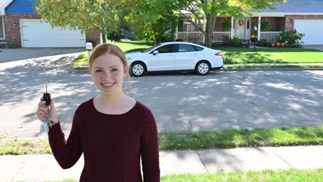 New-teen-driver,-Madelyne,-excitedly-holds-up-the-keys-to-the-family-car-with-the-family-vehicle-in-the-background-Always-a-huge-smile