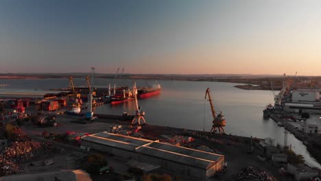 Aerial-descent-at-sunset-towards-the-Port-of-Burgas-in-Bulgaria