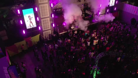 Epic-aerial-of-carnival-costumes-on-display-in-Trinidad-Tobago,-home-to-the-best-carnival-on-earth