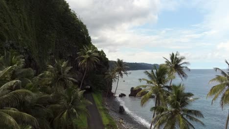 Aerial-fly-up-on-tropical-road-landscape-São-Tomé-island,-Africa