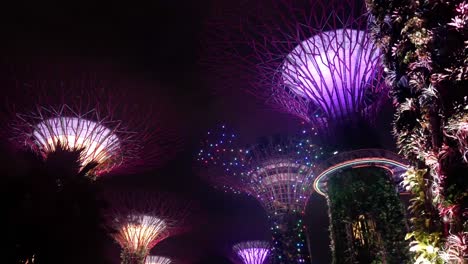 Landschaftsnachtansicht-Des-Singapur-Gartens-Durch-Den-Großen-Baum-Der-Bucht-In-Der-Nacht-Mit-Heller-Beleuchtung-Auf-Dem-Riesigen-Baum