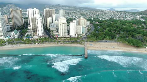 An-aerial-view-of-the-beautiful-tropical-Waikiki-Beach-in-Honolulu-on-the-Hawaiian-Island-O'ahu