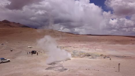 Antena-De-Turistas-Visitando-Sol-De-Mañana,-Zona-De-Intensa-Actividad-Volcánica-En-Bolivia