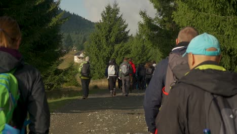 Wide-shot-of-a-group-of-people-walk-on-a-path-surrounded-by-trees,-Via-Transylvania,-Romania