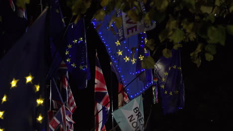 --Blue-European-Union-flags-with-lit-up-yellow-stars-are-flown-and-seen-through-a-leafy-tree-canopy-any-night