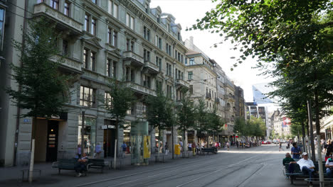 Zurich-Switzerland,-Circa-:-Timelapse-Bahnhofstrasse-In-Zurich,-Switzerland