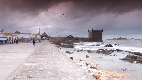 Seagulls-flying-above-the-port-and-entrance-to-Essaouira,-Morocco-on-a-stormy-day