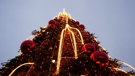 Close-up,-bottom-shot-of-Vilnius-City-Hall-Square-Christmas-Tree