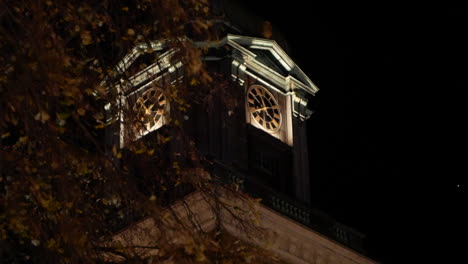 Central-Gothenburg,-Sweden---The-Clock-Displays-Above-The-Domkyrkan-Church-Tower-In-The-City-Beside-A-Tall-Tree-During-Evening---Close-Up-Shot