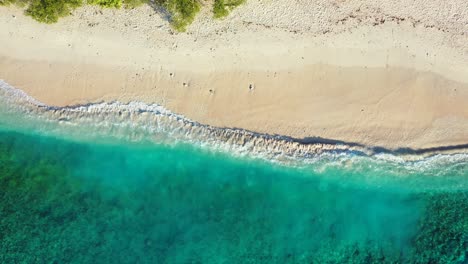 Aerial-over-the-shoreline-of-a-beautiful-beach-with-shallow-ocean-waves-crashing-against-the-sand