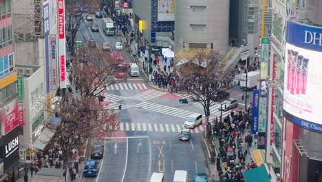 Una-Concurrida-Intersección-En-El-Centro-De-Shibuya-En-Tokio,-Japón