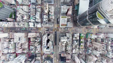 Top-down-aerial-view-of-traffic-on-a-downtown-Hong-Kong-Mong-Kok-area