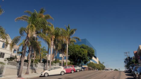 A-wide-shot-of-an-airplane-passing-low-overhead-a-row-of-houses-and-palm-trees-on-top-of-a-large-hill-on-a-sunny-day-in-San-Diego,-California