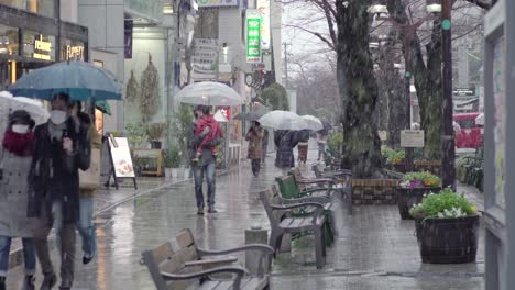 Leute-Mit-Regenschirmen,-Die-An-Einem-Verschneiten-Tag-Auf-Der-Nassen-Straße-In-Tokio,-Japan,-Spazieren-Gehen---Teleaufnahme