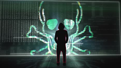 Silhouette-of-hooded-hacker-standing-in-front-of-a-digital-screen-wall-with-various-code,-words-and-virus-symbols