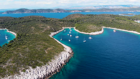 Aerial-panoramic-view-at-Paklinski-Islands-in-front-of-town-Hvar,-Croatia,-famous-travel-european-places