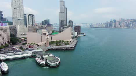 Centro-Cultural-De-Hong-Kong,-Muelle-Y-Rascacielos-Tsim-Sha-Tsui,-Vista-Aérea