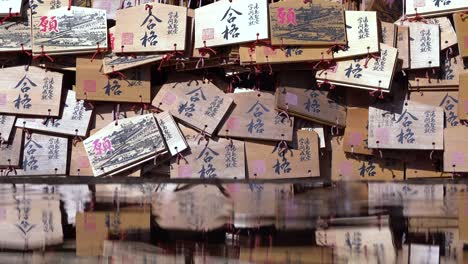 Japanese-wooden-wishing-cards-hanging-on-the-wall-with-reflections-on-the-water-at-Japanese-shrine-in-Tokyo,-Japan---medium-shot