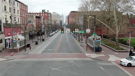 Empty-deserted-Market-Street-and-Christ-Church-Philadelphia,-Covid-quarantine-shutdown-shelter-in-place,-coronavirus-stay-at-home-order,-aerial-drone-footage